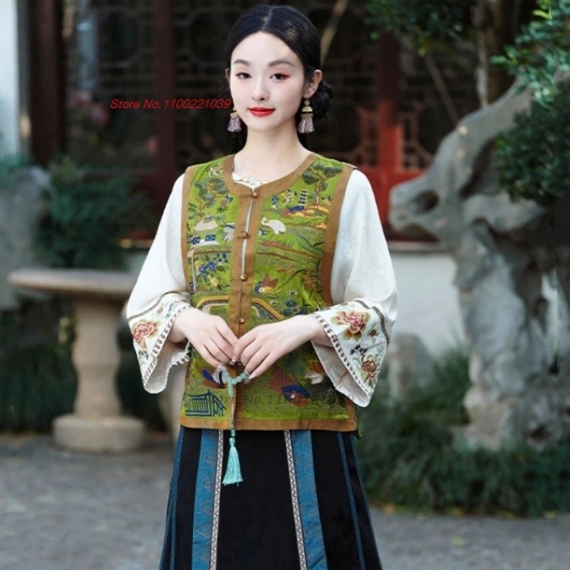 2025 الوطنية زهرة التطريز الساتان الجاكار س الرقبة سترة سترة الشعبية التقليدية الرجعية hanfu القمم الصينية جاكيت بلا إكمام