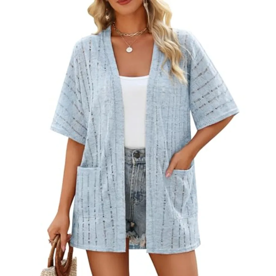 

Blooming Jelly Womens Crochet Beach Cover Up Kimono Short Sleeve Swimsuit Coverup Open Front Summer Cardigan with Pockets