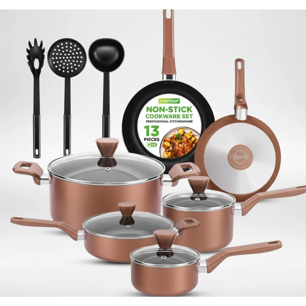

Набор посуды с антипригарным покрытием, 13 предметов, термостойкие кухонные кастрюли без PFOA, сковороды, посуда для домашней кулинарии