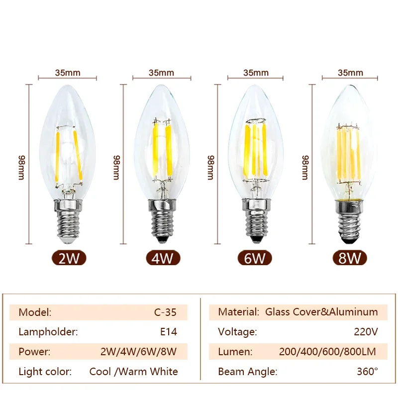 6pcs Retro Edison E14 2W 4W 6W 8W LED Filament Bulb Lamp AC 220V-240V Light Bulb C35 C35L Glass Bulb Vintage Candle Light