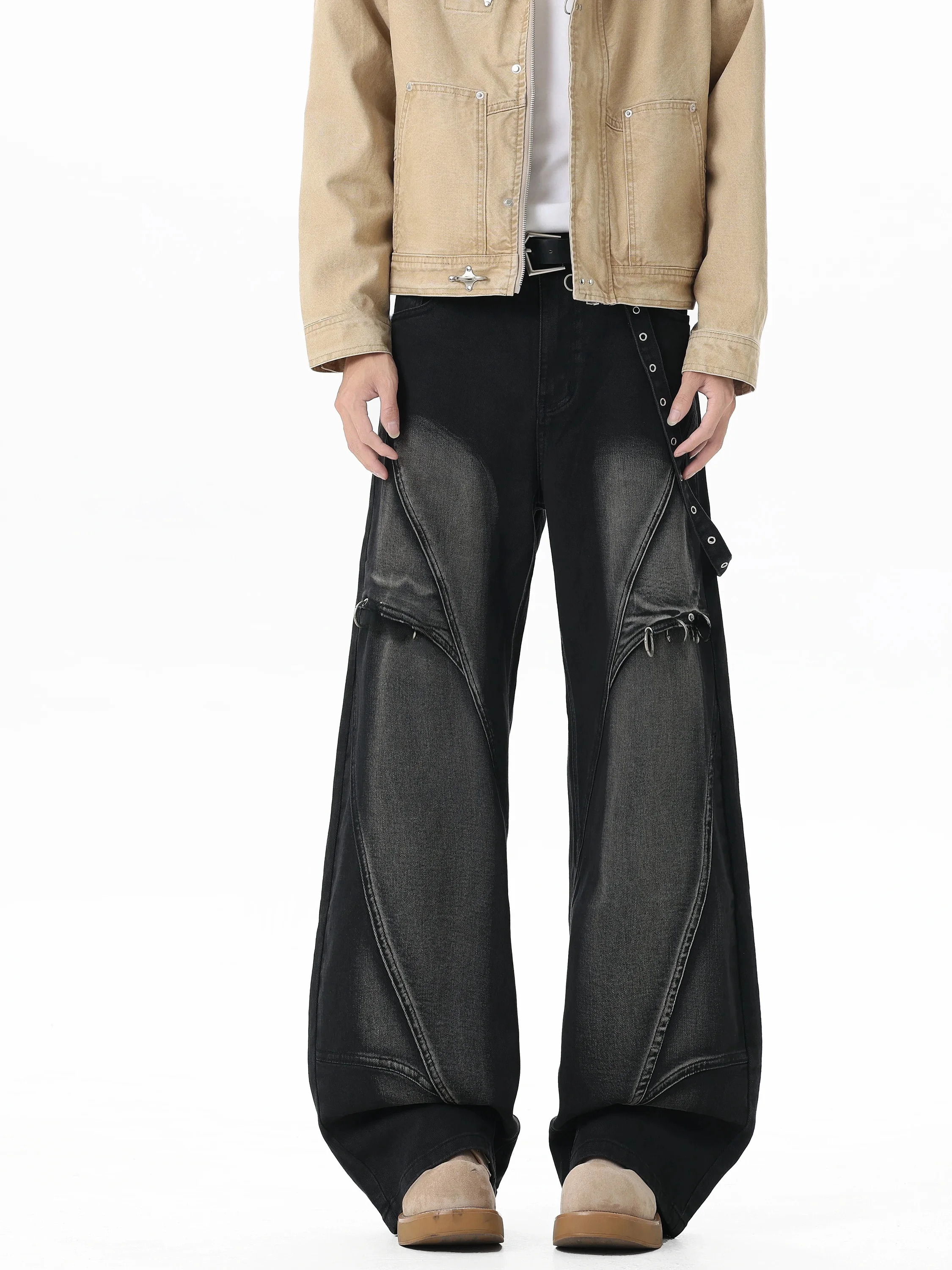 Retro American Vibe Workwear Style Distressed Jeans Loose Straight Leg Trousers for Men And Women Autumn New Deconstructed Pa...