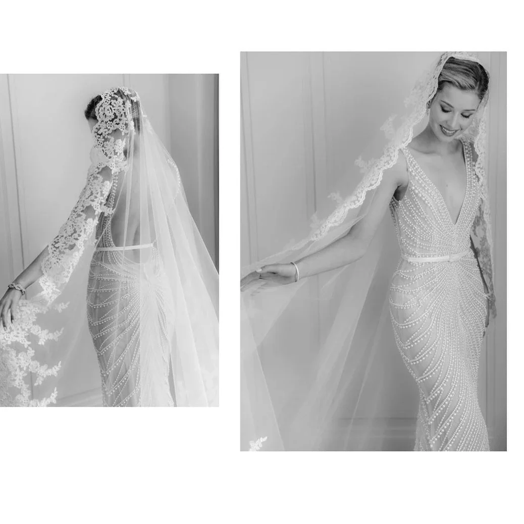 Scalloped Lace Wedding Veil Cathedral Length Customized Embroidered Appliques One Tier Tulle Romantic Bridal Veil with Comb