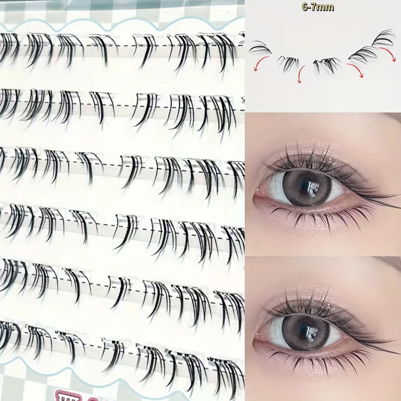 Mixiaohe Cat Style Lower Lashes 60 Clusters Glue Free Clear Band Thick Crossed Reusable for Photos Daily Use