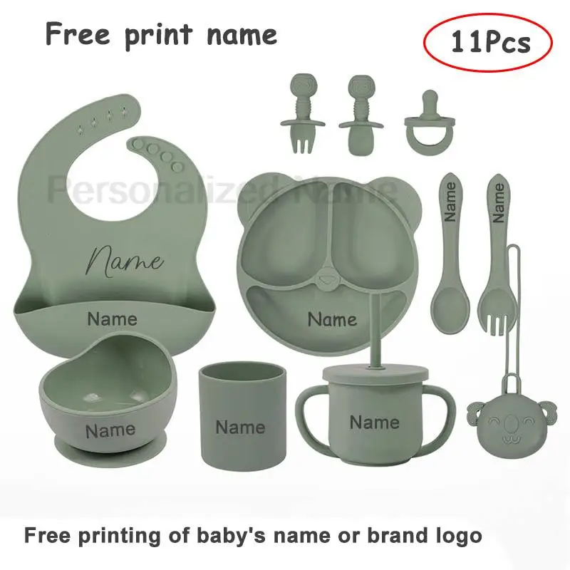 Kids Silicone Bear Plate Baby Feeding Set Personalized Customization Baby Name 11pcs Children's Silicone Tableware BPA Free