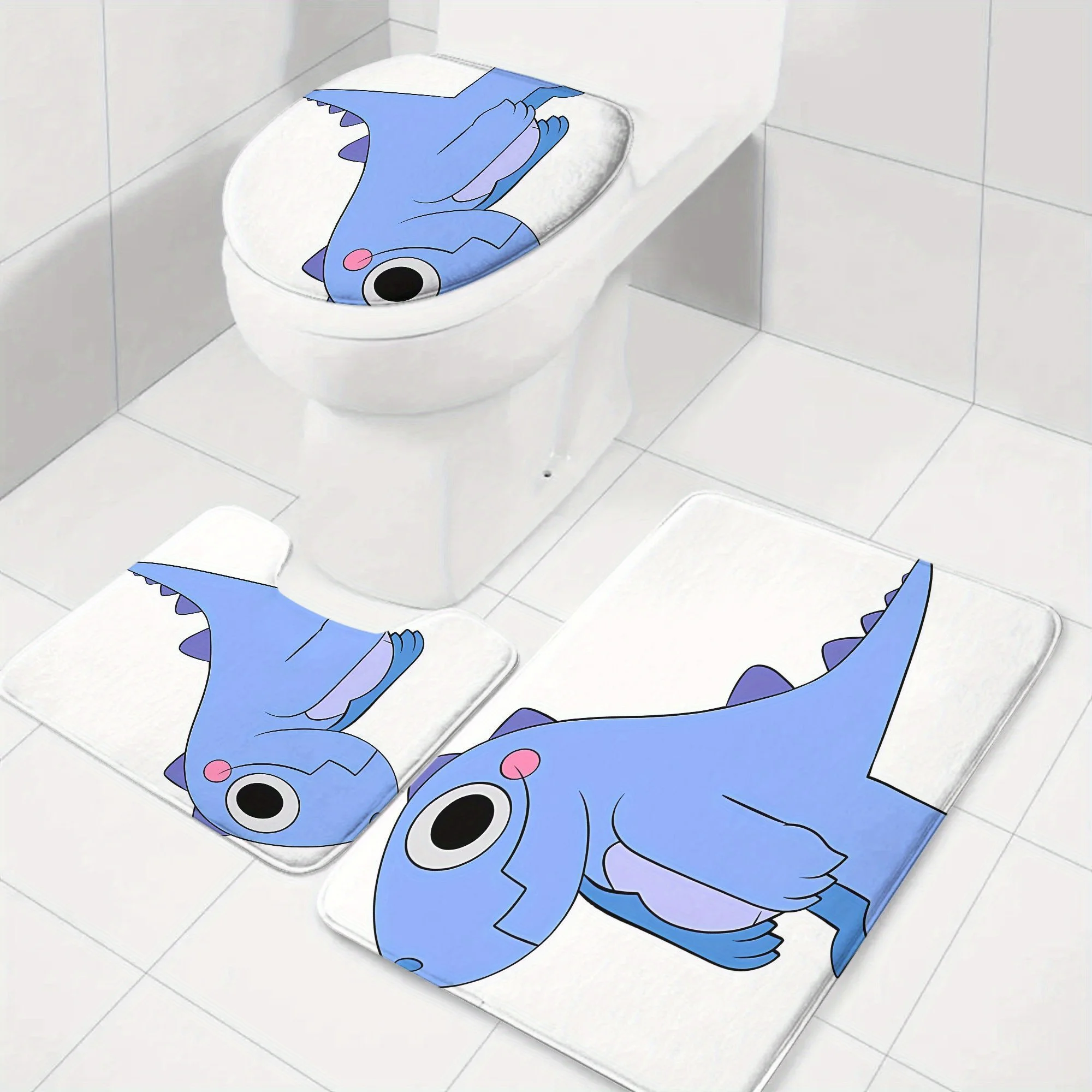 

Набор для ванной с синим динозавром: коврик, накладка на крышку унитаза и U-образный коврик из мягкого фланеля, нескользящие, для создания веселого декора ванной комнаты