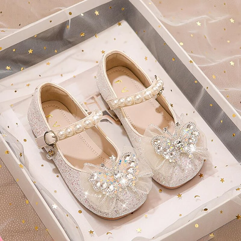 Girls’ Dance Princess Pearl Dress Shoes Faux Leather Mary Janes Sparkle Accents Comfortable Dancing Butterflie Parties Occasions
