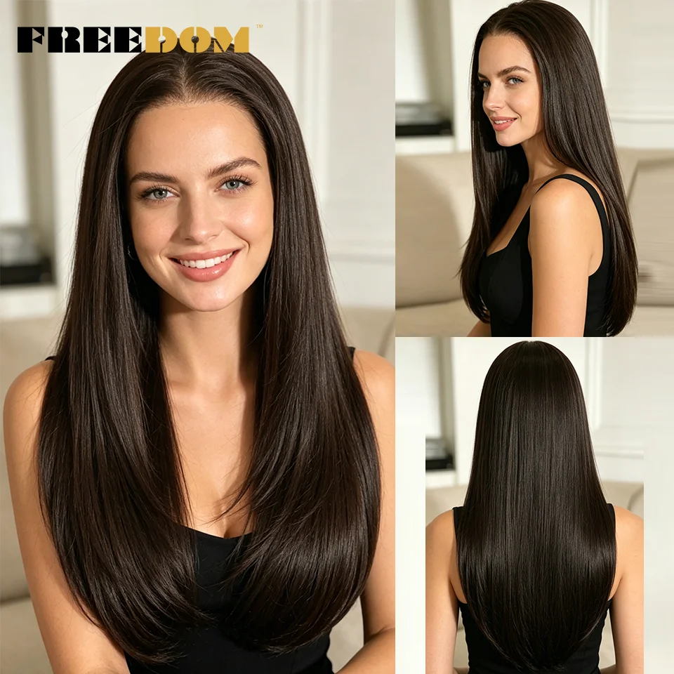 FREEDOM 13x6 Synthetic Lace Front Wigs For Women 24 Ombre Brown Blonde Straight Layered Lace Wig Heat Resistant Daily Use Wig