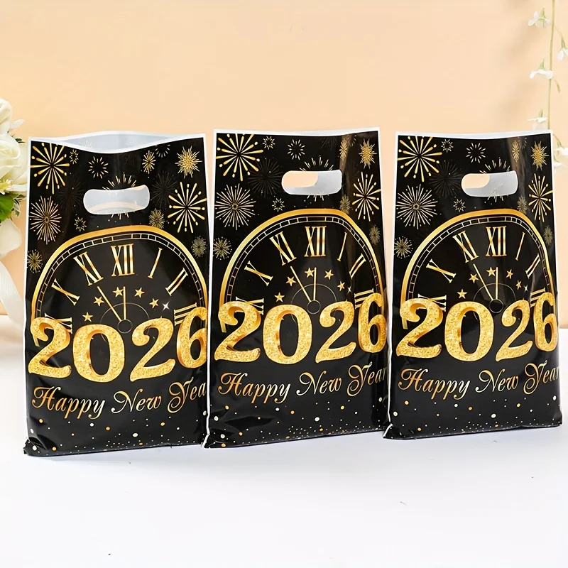 10/25/50 قطعة 2026 حقيبة حمل بلاستيكية للحفلات للعام الجديد مع شارات أرقام 2026 لامعة وأرقام رومانية وتصميم ساعة الألعاب النارية