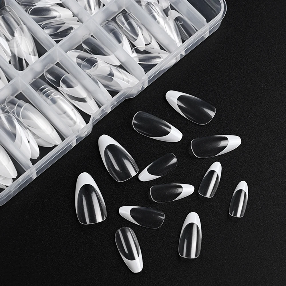 120個入り/箱 アクリル製つけ爪 ホワイト アーモンド型 ネイルチップ フルカバー 取り外し可能 混合サイズ プレスオンネイル