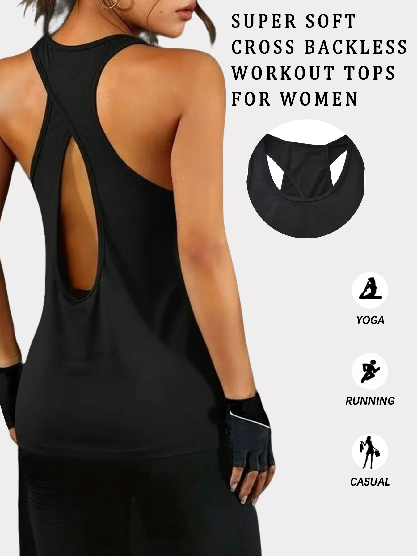 Super Soft Cross Backless Workout Tops for Women Racerback Tank Tops Open Back Running Muscle Tank Yoga Shirts