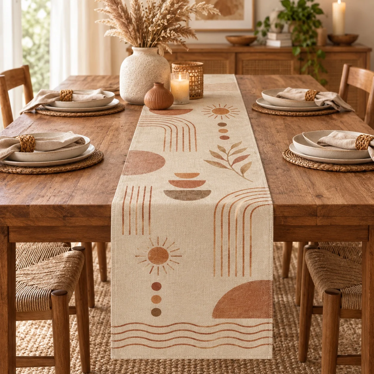 Boho Table Runner Abstract Arch Sun Pattern Neutral Beige Geometric Linen Style Dining Table Decor Home Decoration