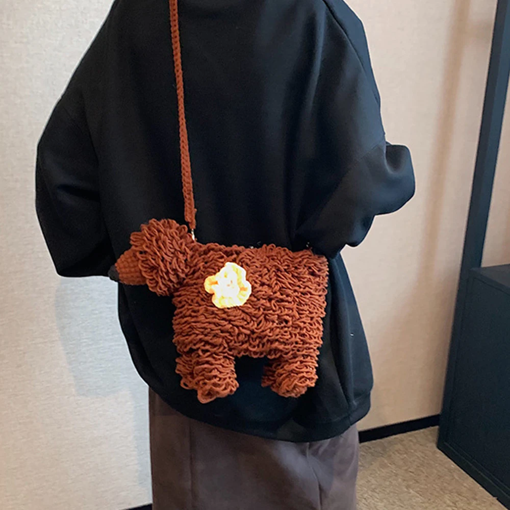 لطيف الكلب تصميم حقيبة كتف اليدوية جرو حقائب منسوجة للنساء مضحك المحافظ للفتيات حقائب اليد الكروشيه الحياكة المرأة حقيبة جديدة #2