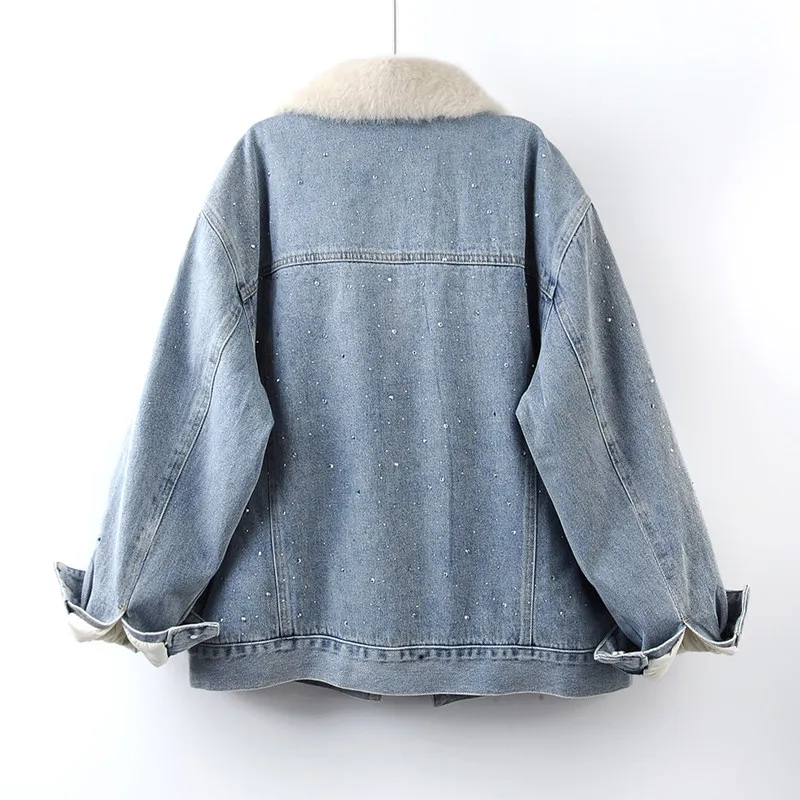 Heavy Work Diamonds Thick Warm Down Liner Denim Jacket Winter Women Casual Lapel Long Sleeve Female Light Blue Jeans Jacket Coat