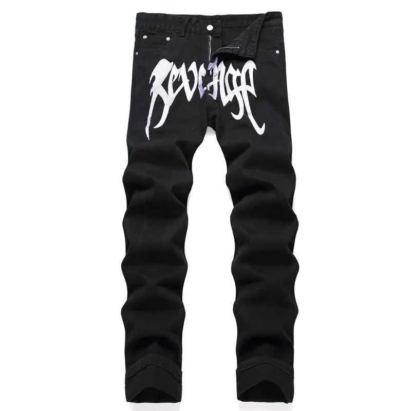 

Men's Black Fashion Jeans Monogram Embroidery Mid-Waist Slim Denim Pants Hip Hop Stretch Biker Trousers