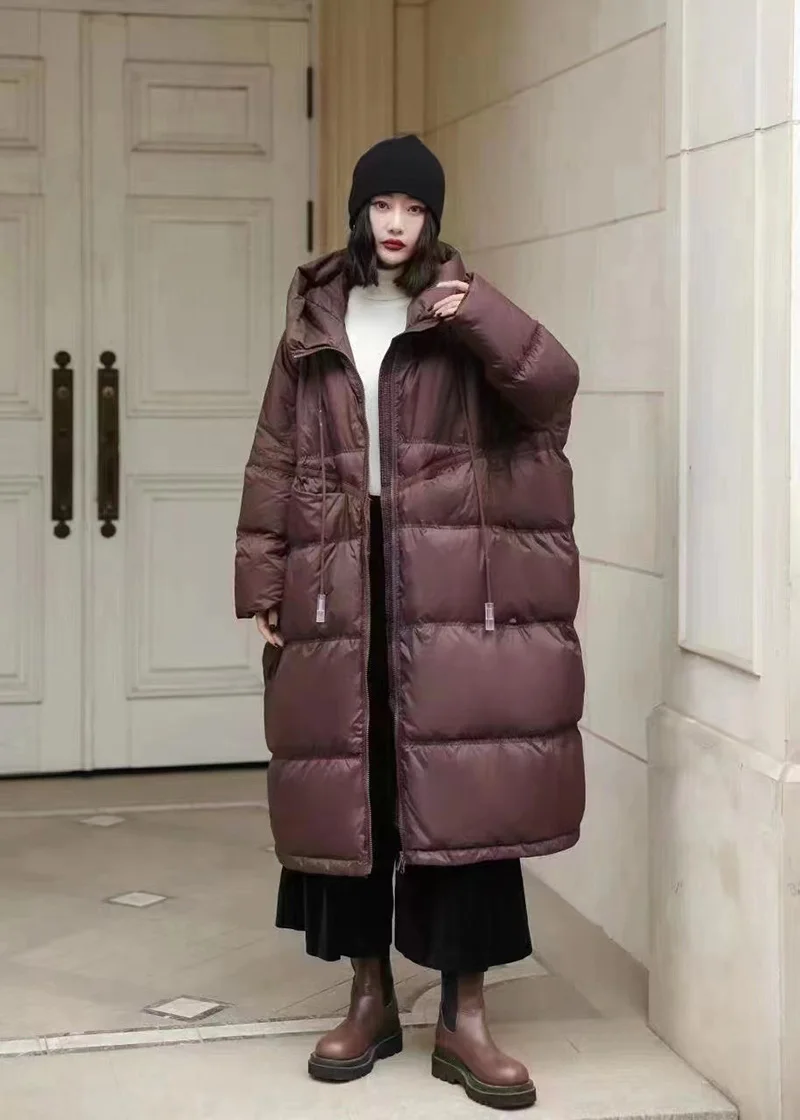 Schinteon Women White Duck Down Jacket with Hood Autumn Winter Warm Long Outwear Over Size Loose Coat 2026 New