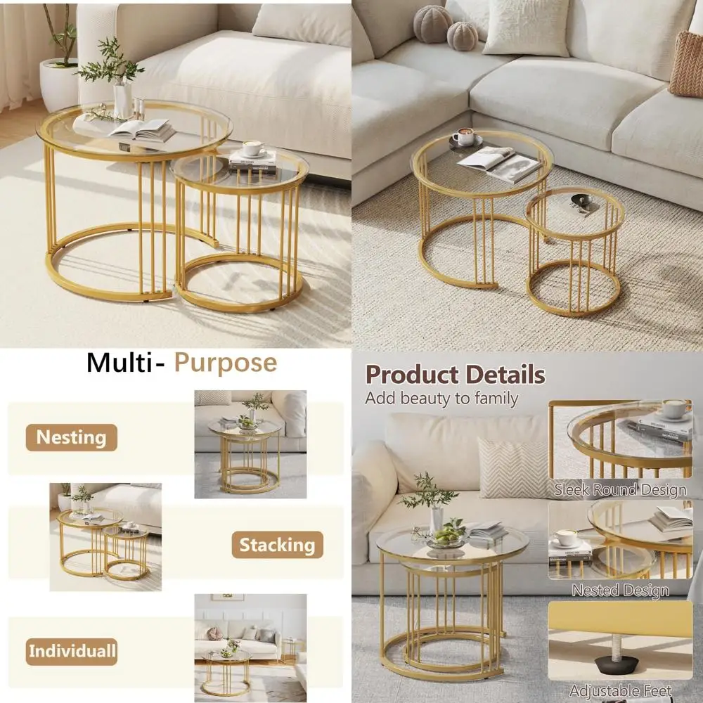 

Nesting Coffee Tables Set, 23.6 Round Glass Top with Metal Frame, Living Room Center Tables