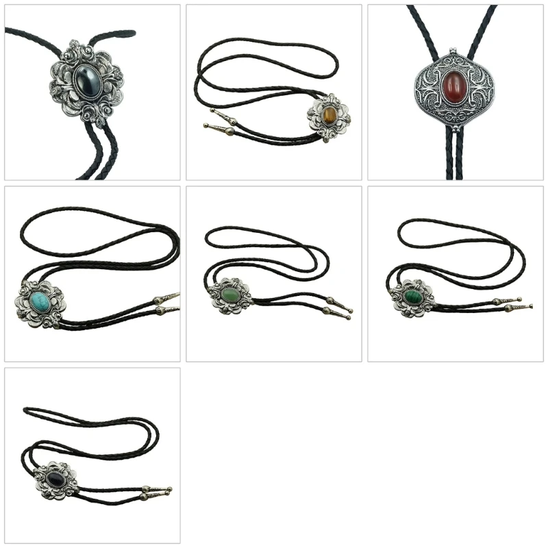 

Bolo Tie Necktie Artificial Leather Braided Rope Necklace with Engraved Stone Pendant Jewelry Cowboy American Dropshipping