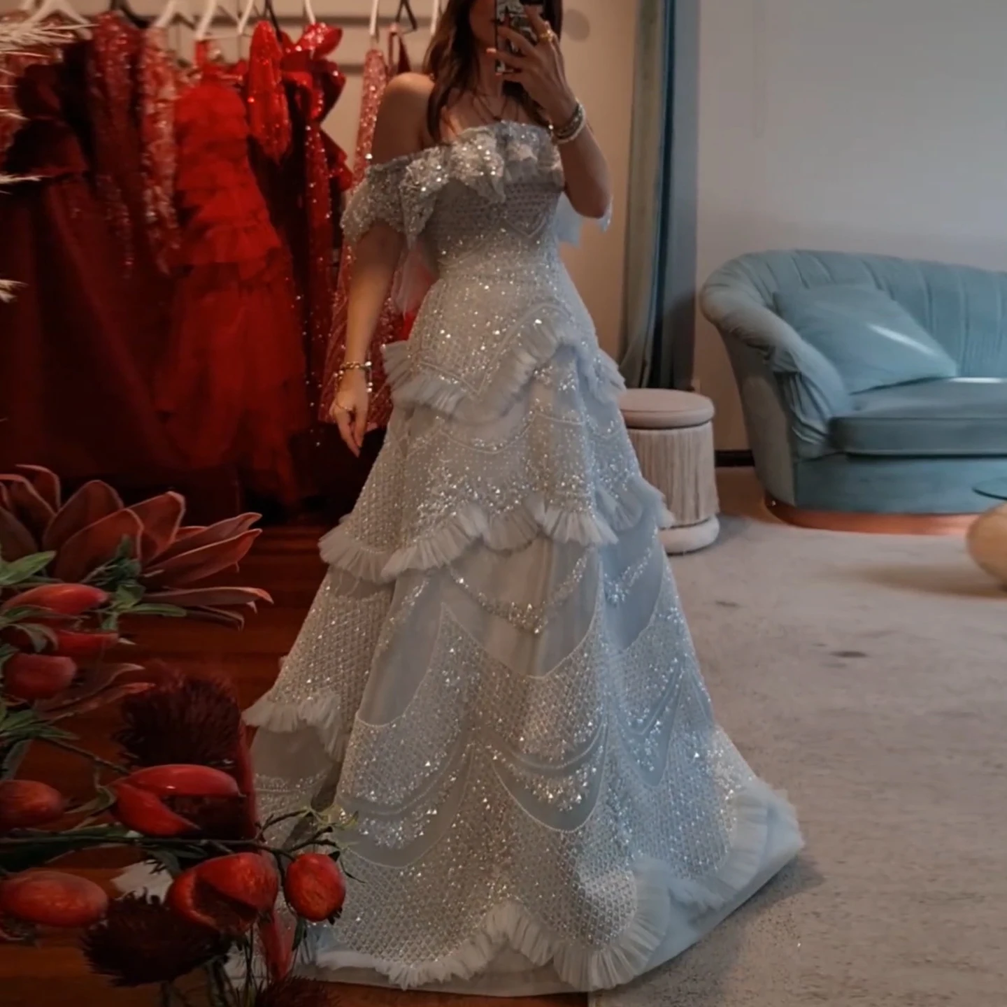 

Шарон Саид Роскошные серебристо-серые вечерние платья с открытыми плечами в Дубае 2022, женские свадебные платья из Саудовской Аравии SS485, индивидуальный заказ