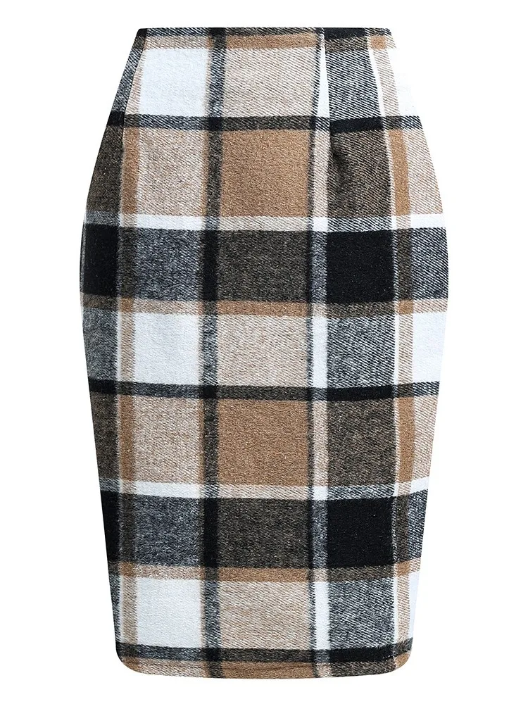 Elegant Plaid Printed Pencil Skirt For Women Fashionable Autumn Winter High Waist Slim Brushed Vintage Casual Skirt Female