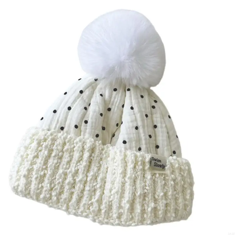 

N84E Winter Bonnet Thick Warm Baby Hat with Earflap Dot Decors, Children Plush Knitted Caps Big Pom Bonnet for Girls Boys