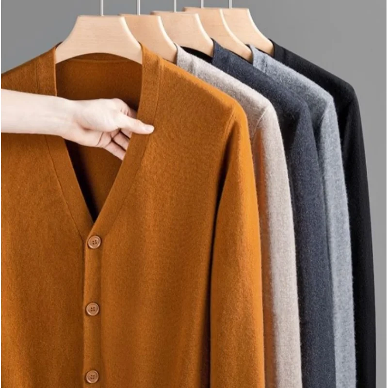 High End 100% Wool Men's Knitted Sweater Spring  Autumn Casual Solid V-neck Cardigan High-quality Machine washable Men's Jacket