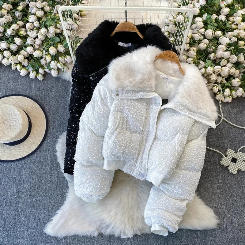 Advanced sense light luxury heavy industry sequin splicing fur collar jacket women's winter fashion thick and warm coat