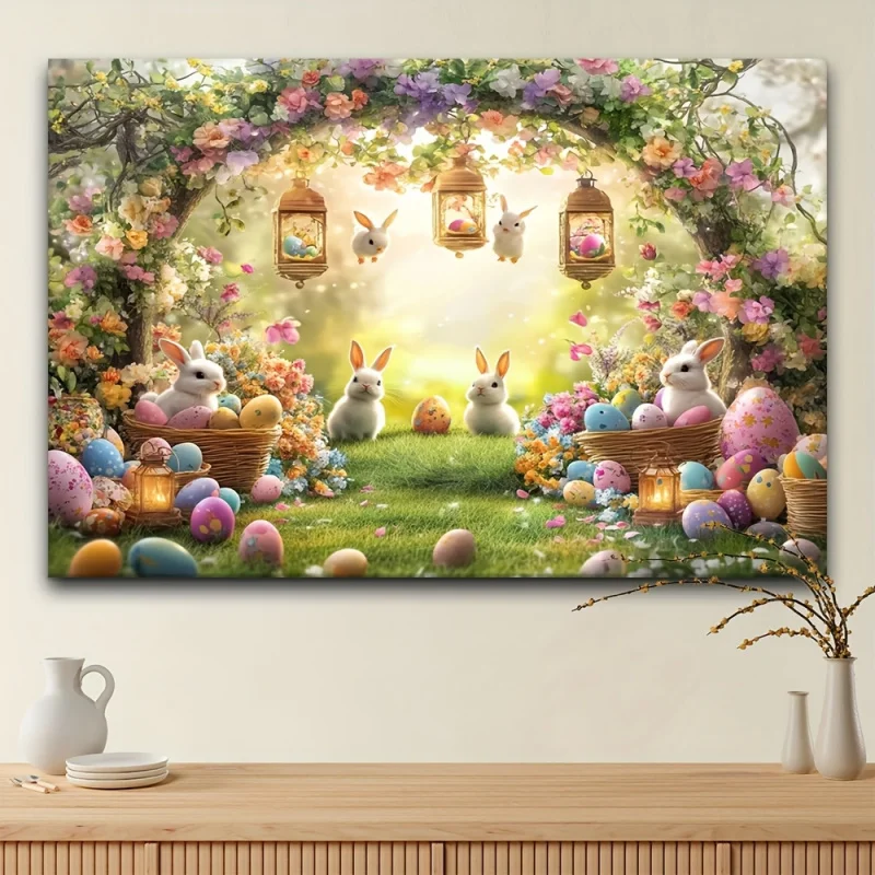 Rustic Easter Arch Background Rabbit Colorful Egg Basket Bright Banner