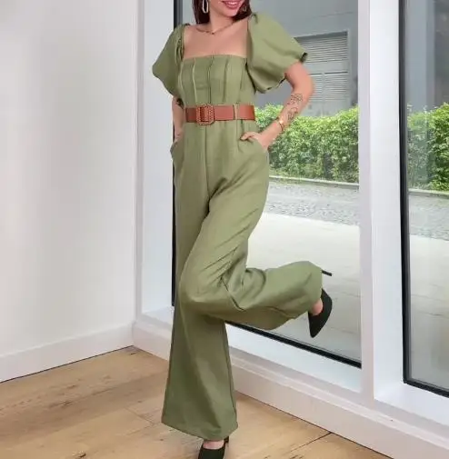 

Jumpsuit Women 2025 Spring Summer Solid Color Square Neck Bubble Sleeve High Waist Casual Short Sleeve Wide Leg Jumpsuit