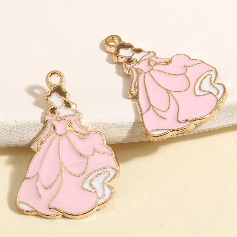 10pcs Gold Color 28x20mm Cartoon Enamel Princess Charms Formal Dress Pendant Fit DIY Necklaces Jewelry Handcrafted Accessories