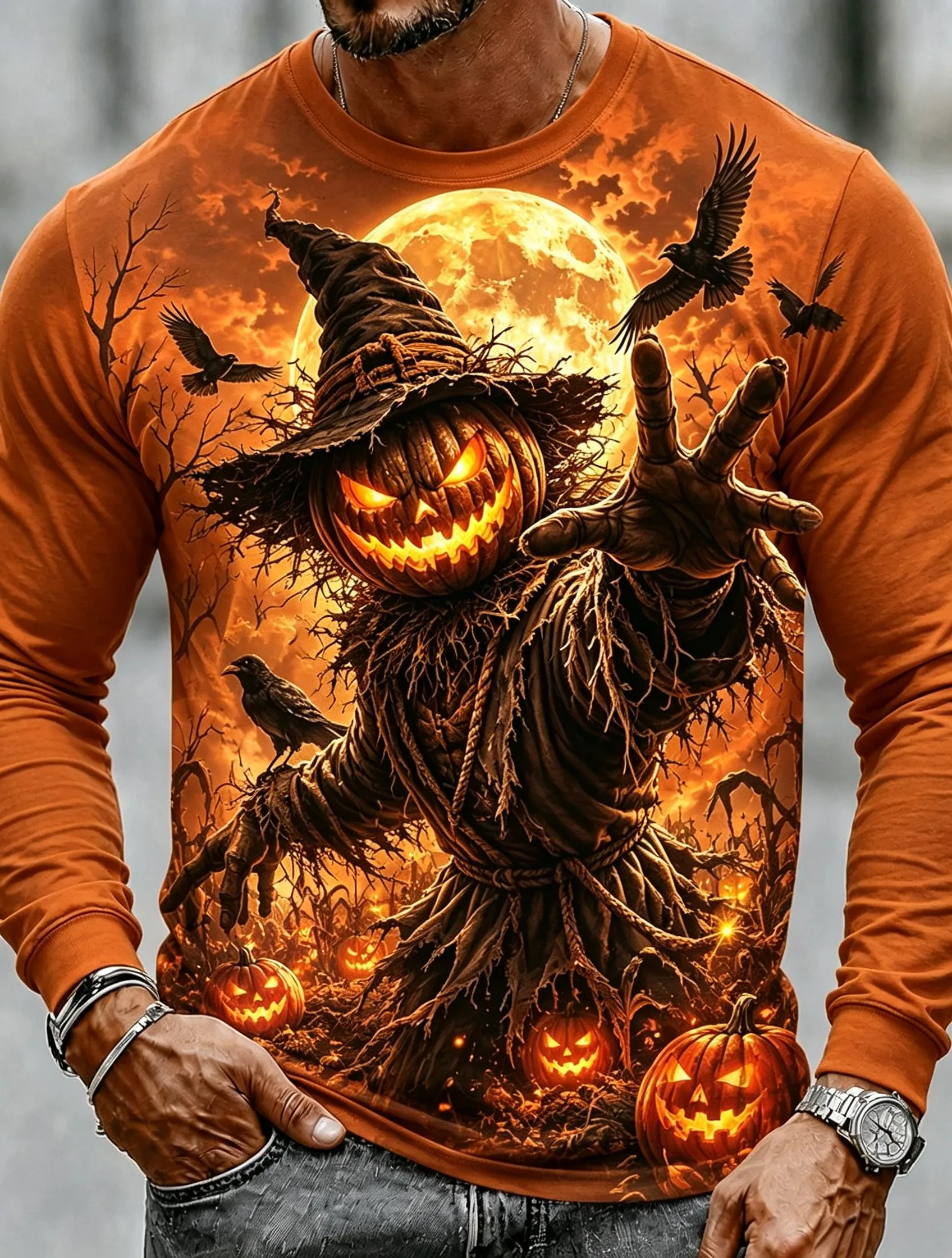 Men's Long Sleeve T-Shirt Halloween Horror Pumpkin Scarecrow Zombie Crow Skull 3D Print Crew Neck Casual Tops