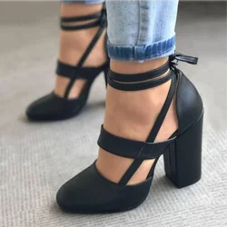 Women's Pumps Plus Size 35-43 Women Gladiator Summer High Heels for Party Wedding Shoes Thick Heels Fashion Lace-up Female Black