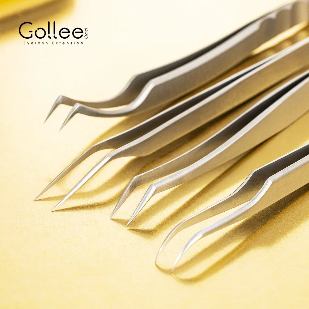 GOLLEE-Pincettes antistatiques en acier inoxydable pour extension de cils, pince à épiler argentée, stockage de comparateur de soins, synchronisation de haute précision du volume des cils