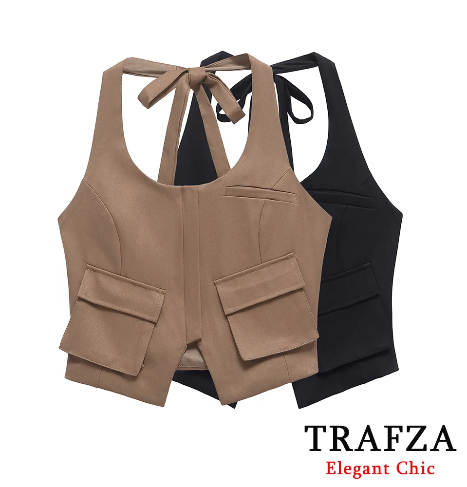 TRAFZA-Women Hot-Sexy Halterneck Waistcoat Glamorous Pockets Zipper Bow Top New Fashion 2025 Spring Summer NightClub Party Top