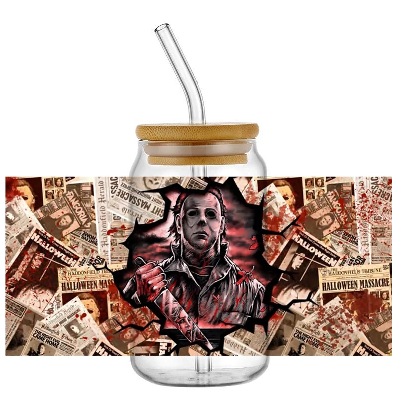 

Killer Pattern 16oz Glass Cup Wrap UV DTF Transfer Sticker Waterproof Horror Thriller Decals 3D Sticker