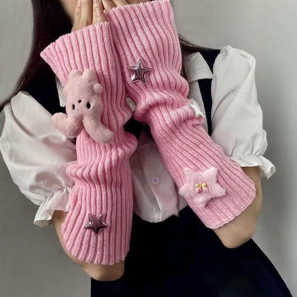 Manicotti in maglia Scaldamuscoli caldi lavorati a maglia Y2k Kawaii Star Sleeve Cover Coprigambe caldo Guanti senza dita per regali per ragazze