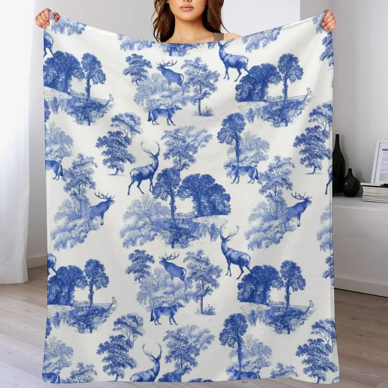 Classic Blue French Toile Deer in Forest Countryside Pattern Throw Blanket Thins Sleeping Bag Blankets