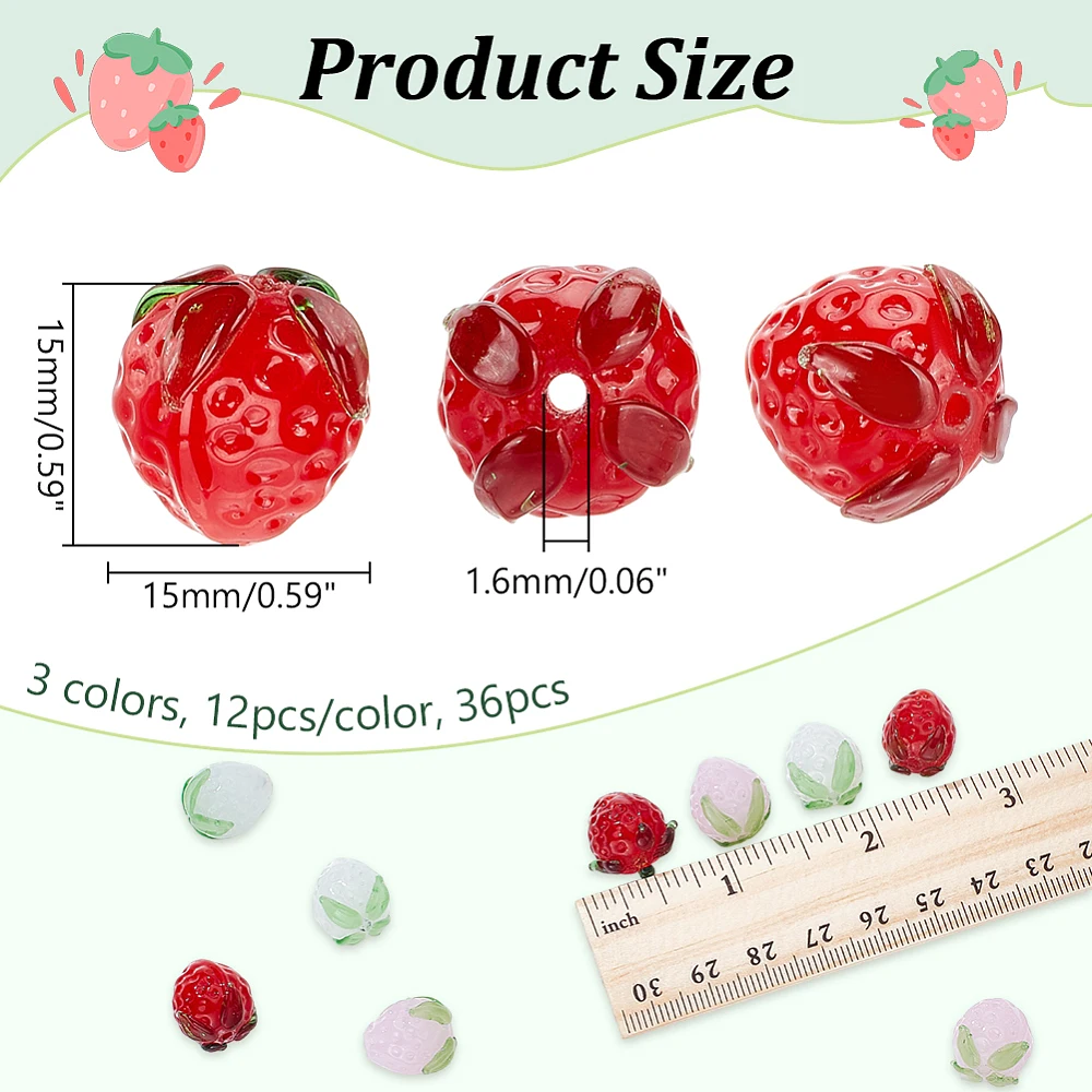 36 Pcs 3 Color Strawberry Glass Beads 15mm Handmade Lampwork Fruit Beads for DIY Jewelry Making