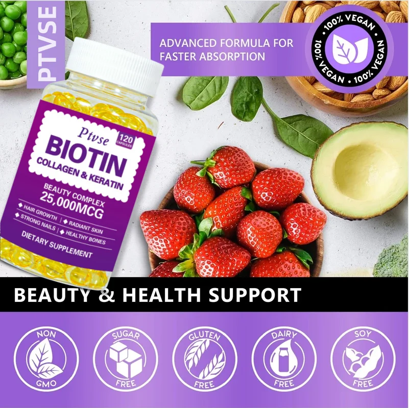 Biotin + Collagen + Keratin Supplement - for Hair, Skin, Nail Health | Non-GMO, 120 Capsules