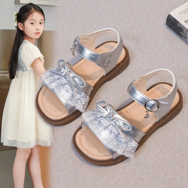 Mumoresip Kids Sandals Sweet Lace Girls Beach Shoes Open Toes Soft Bottom 2026 Summer New Children Princess Shoes Non-slip