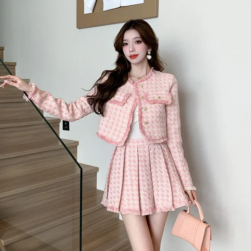 Lnsozkdg Fashion Tweed Jacket 2 Piece Set Women Elegant O-neck Long Sleeve Short Coat + Mini Pleated Skirt Suits Ladies Outfits