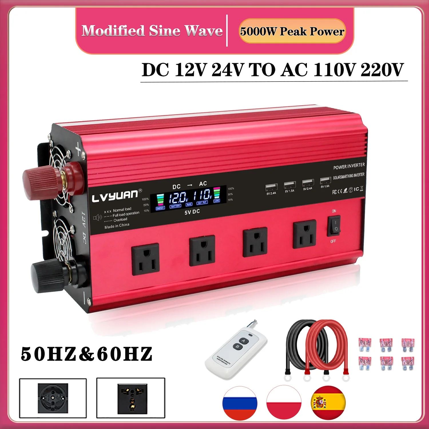 5000W Power Inverter DC 12V/24V to AC 110V/220V with LCD Display Remote Control Voltage Converter Transformer Charger Adapter