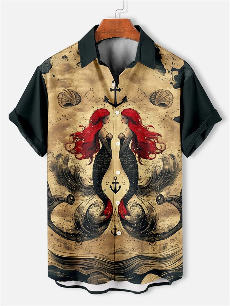 

Full Print Retro Mermaid Pattern Beach Shirt For Men Short Sleeve Button Down Lapel Aloha Shirts Casual Hawaiian Shirt For Men