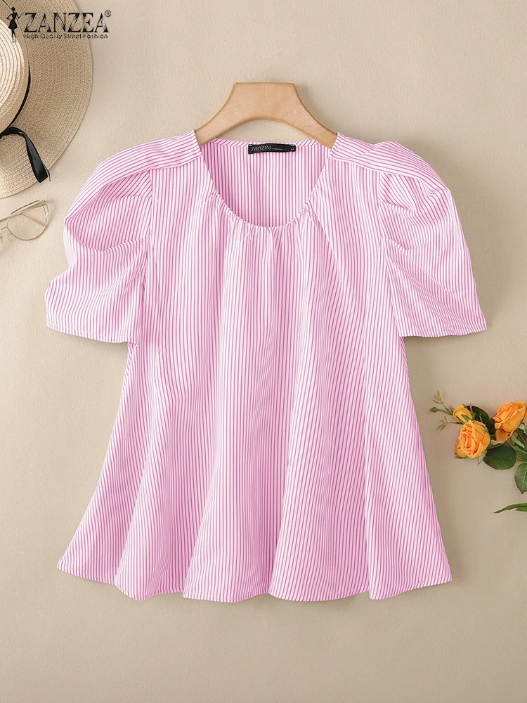 

ZANZEA 2025 Summer Fashion Striped Blouses Women Short Puff Sleeve O-Neck Pleated Blusas Mujer Elegant Chic Tops Streetwear