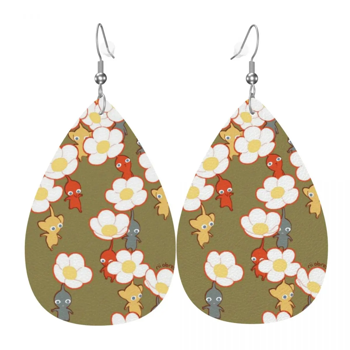 

Custom Flower And Pikmins Leather Teardrop Earrings for Women Leather Earrings Play Game Lightweight for Parties Holidays