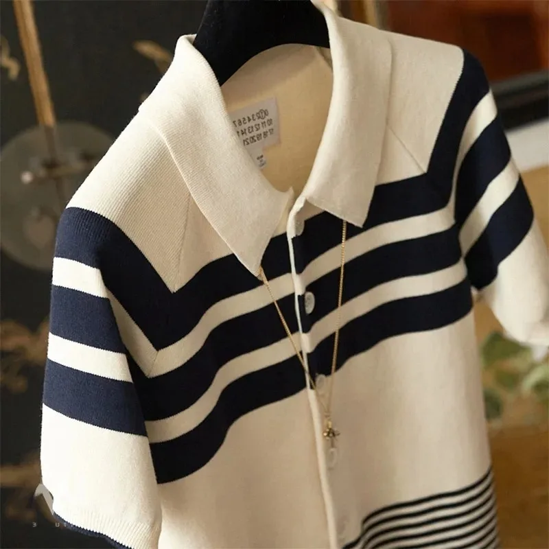 

Collar ort Sve Ice Silk Knitted Open Cardigan Summer Design Trendy Color Blo Striped Versatile Loose Slimming Top