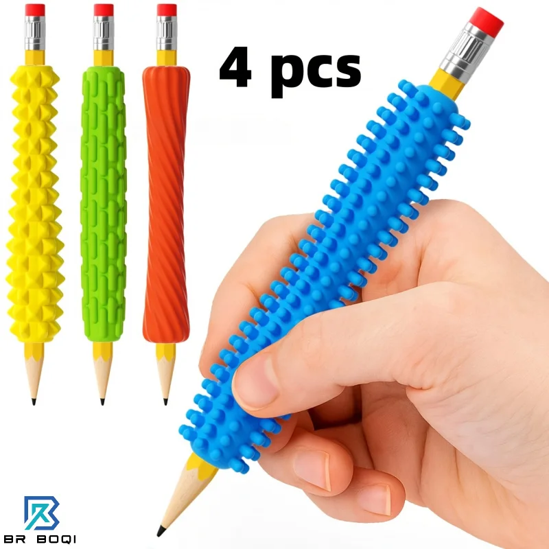 Pack of Four, Textured Silicone Pen Grips, Sensory Writing Aids, Tactile Assistive Tools for Adhd and Autism Anxiety Relief