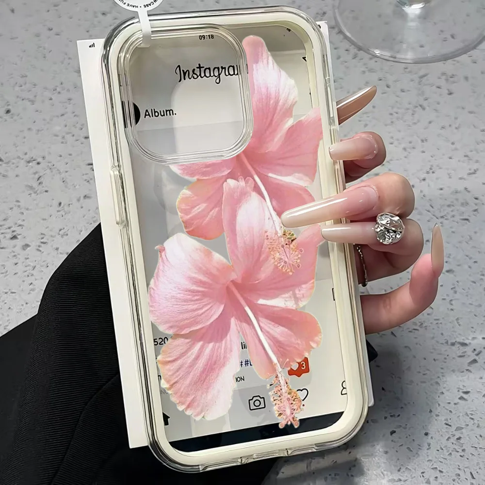 Rosa Hibiskus Transparente Handyhülle für iPhone 17 13 16 15 11 12 14 Pro Max 17 Air XR X Hülle Silikon 2 IN 1 Stoßfeste Weiche Abdeckung – Detail 3