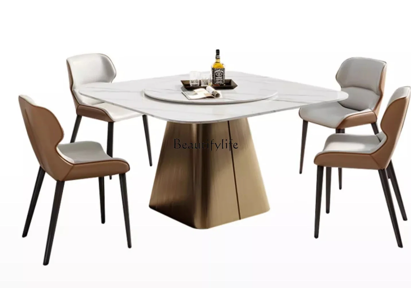 Z.Imported bright rock slab dining table Italian light luxury household  with turntable minimalist square dining table
