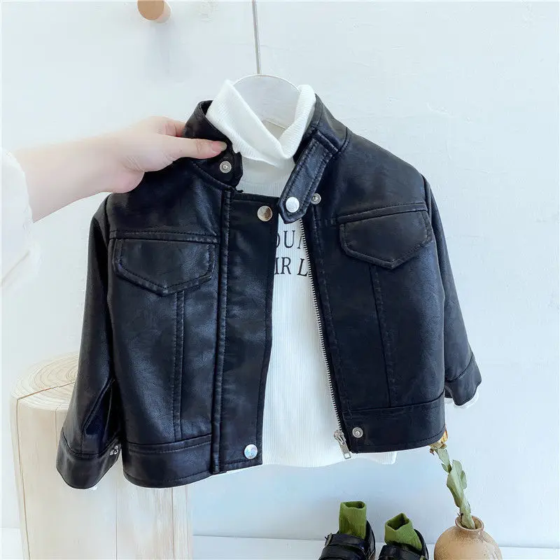 123  Girls Leather Jacket Solid Color Stand Collar Motorcycle Handsome Coat Spring Autumn Boys Stylish Pu Outwear 2 3 4 5 6 8 Y