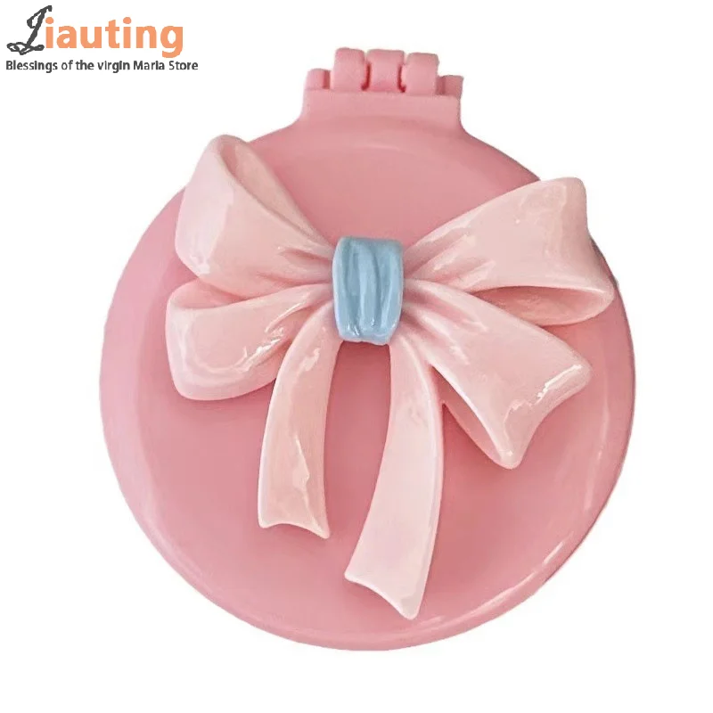 

New Pink Round Folding Comb With Mirror Portable Bow Decor Anti Static Pocket Hair Brush Cartoon Princess Style Handle Comb Girl